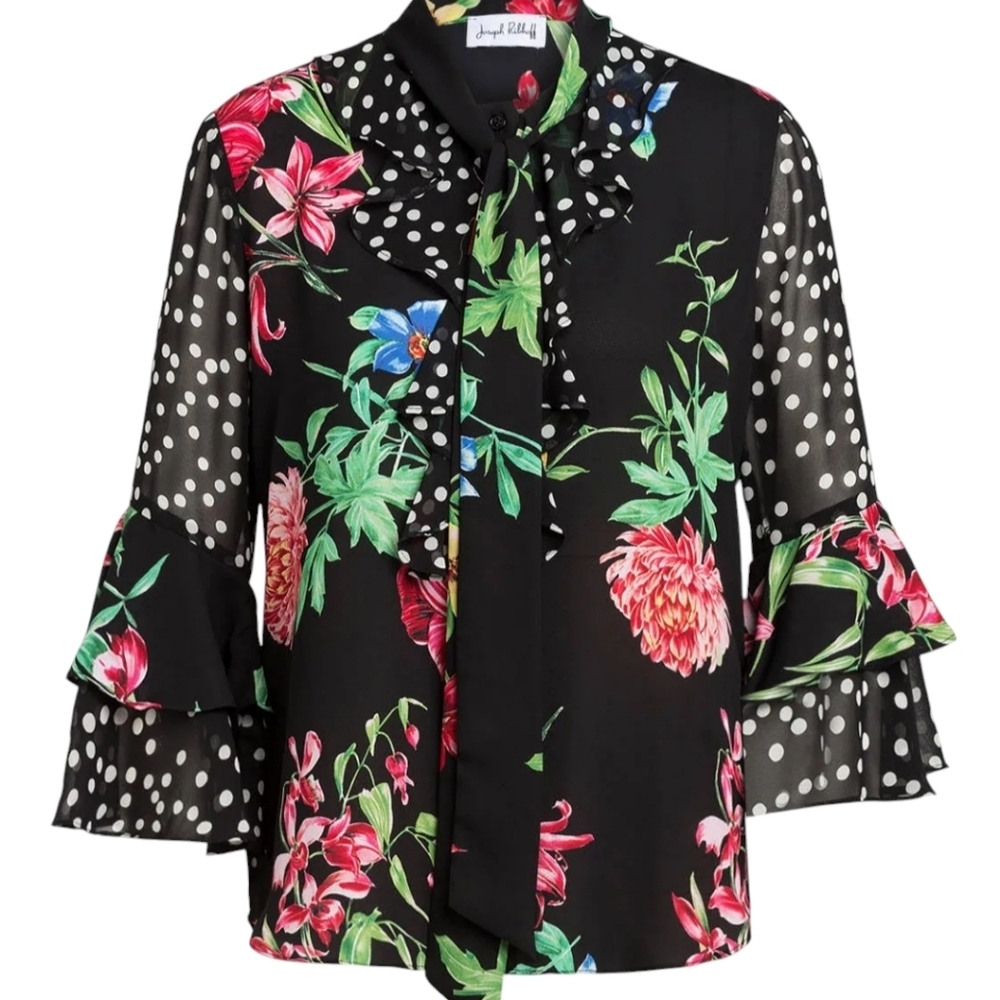 Joseph Ribkoff Women's Floral Semi-Sheer Ruffle Tie Flutter Bell Sleeve‎ Size 6